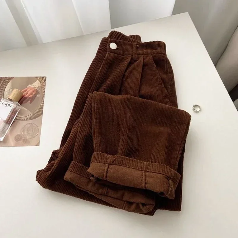 Retro High เอว Corduroy กางเกงผู้หญิงฤดูใบไม้ผลิฤดูใบไม้ร่วงตรง Causal ความยาวเต็มกางเกงเกาหลีแฟชั่น Baggy ทั้งหมดกางเกงสีดํา