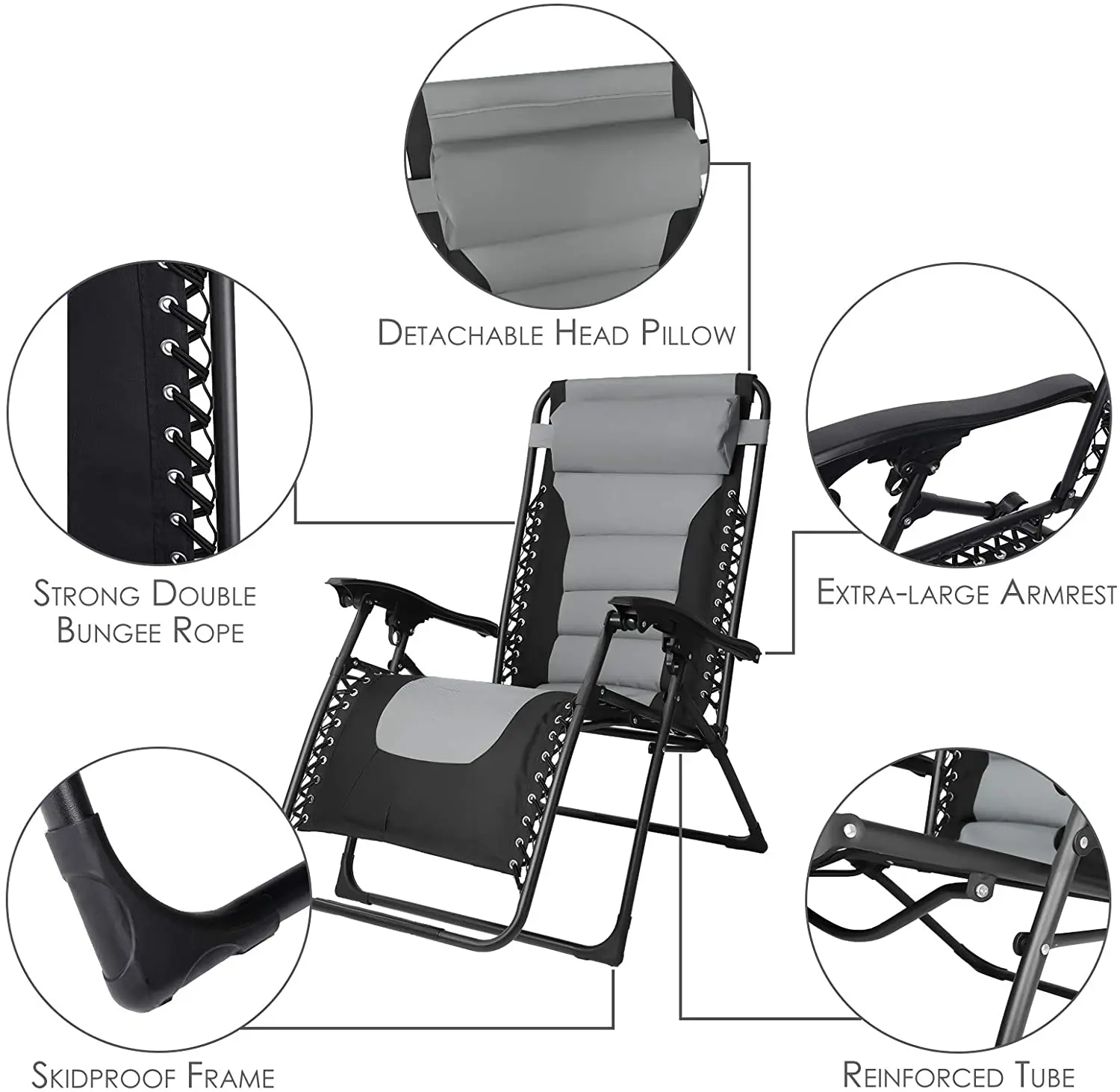 Sillón acolchado de gravedad cero, sillón reclinable plegable para Patio con reposacabezas ajustable y portavasos, soporte para tumbonas de 160kg