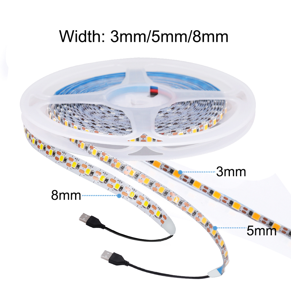 3 ミリメートル 5 ミリメートル 8 ミリメートル幅 DC 5V LED ストリップ 2835 120LEDs/m 1 LED あたりカット柔軟なテープ IP20 防水なしウォームナチュラルクールホワイト 1 メートル 2 メートル 5 メートル