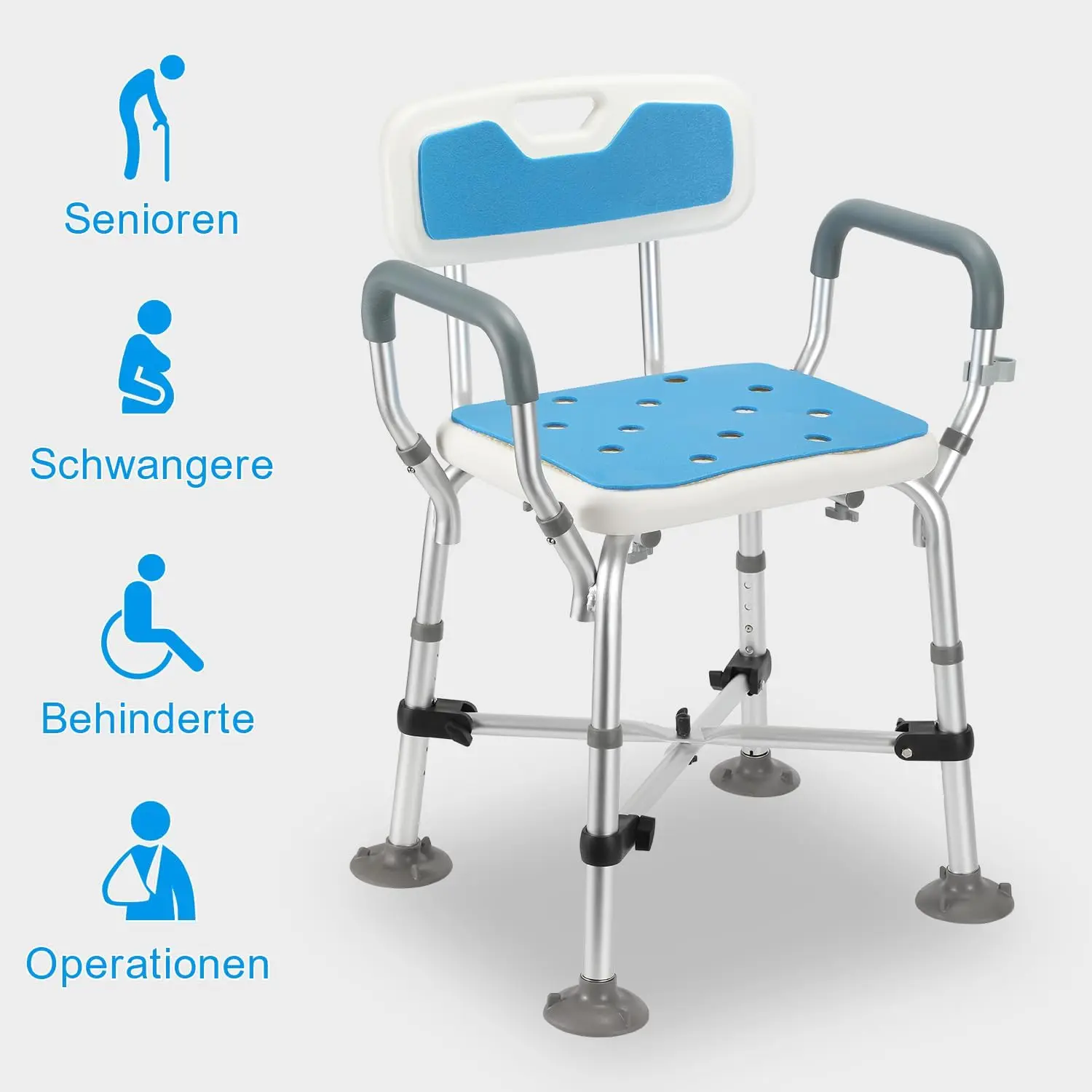 Shower Stool Height Adjustable Showerstuhl, Anti-Slip Shower Aid,Bath Stool with Armrest,Bath Stool Mit Cross Support,Badsitz for Se
