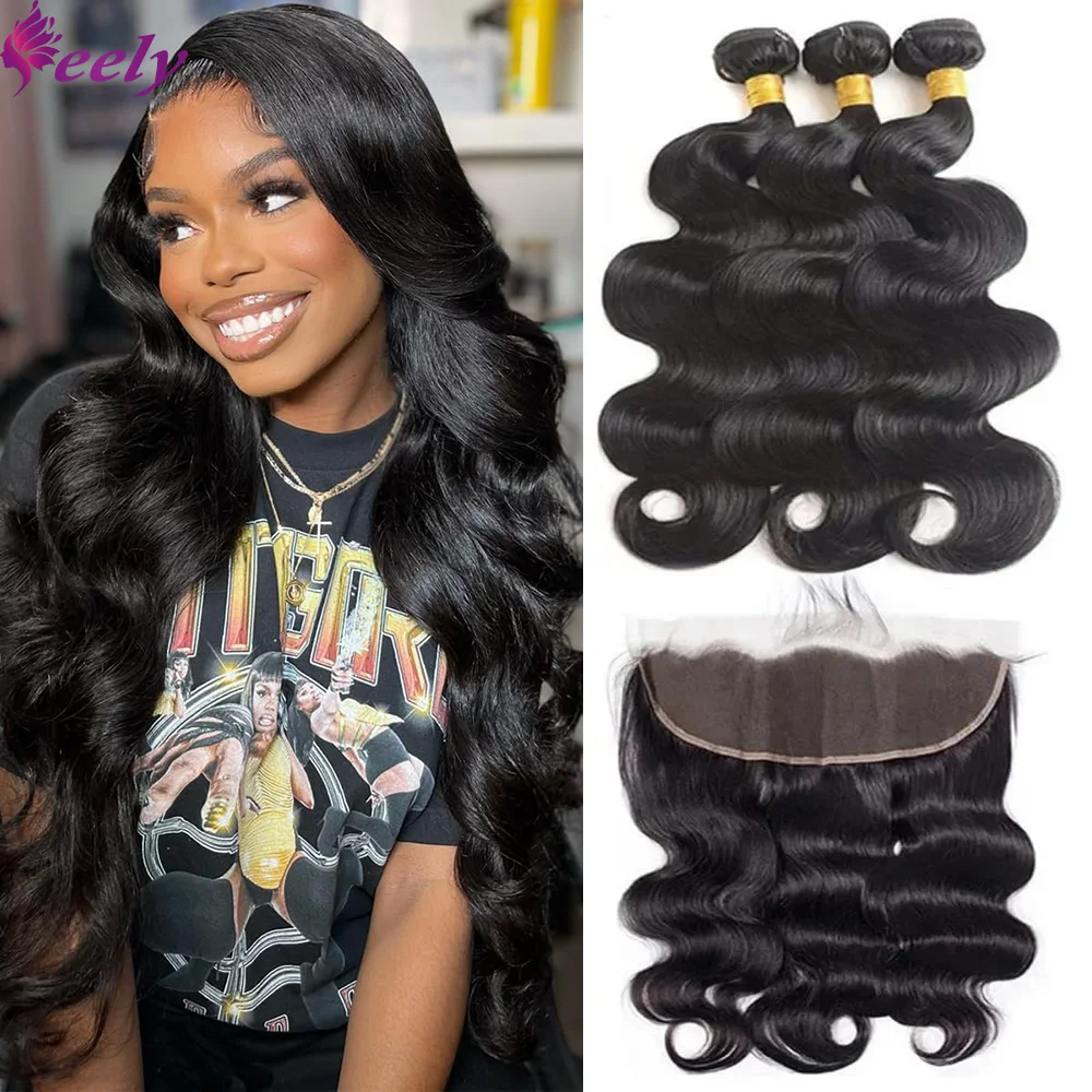 Pacotes de cabelo humano onda do corpo pacotes de cabelo com fechos 13x4 laço frontal com pacotes de cabelo humano pacotes de cabelo virgem brasileiro