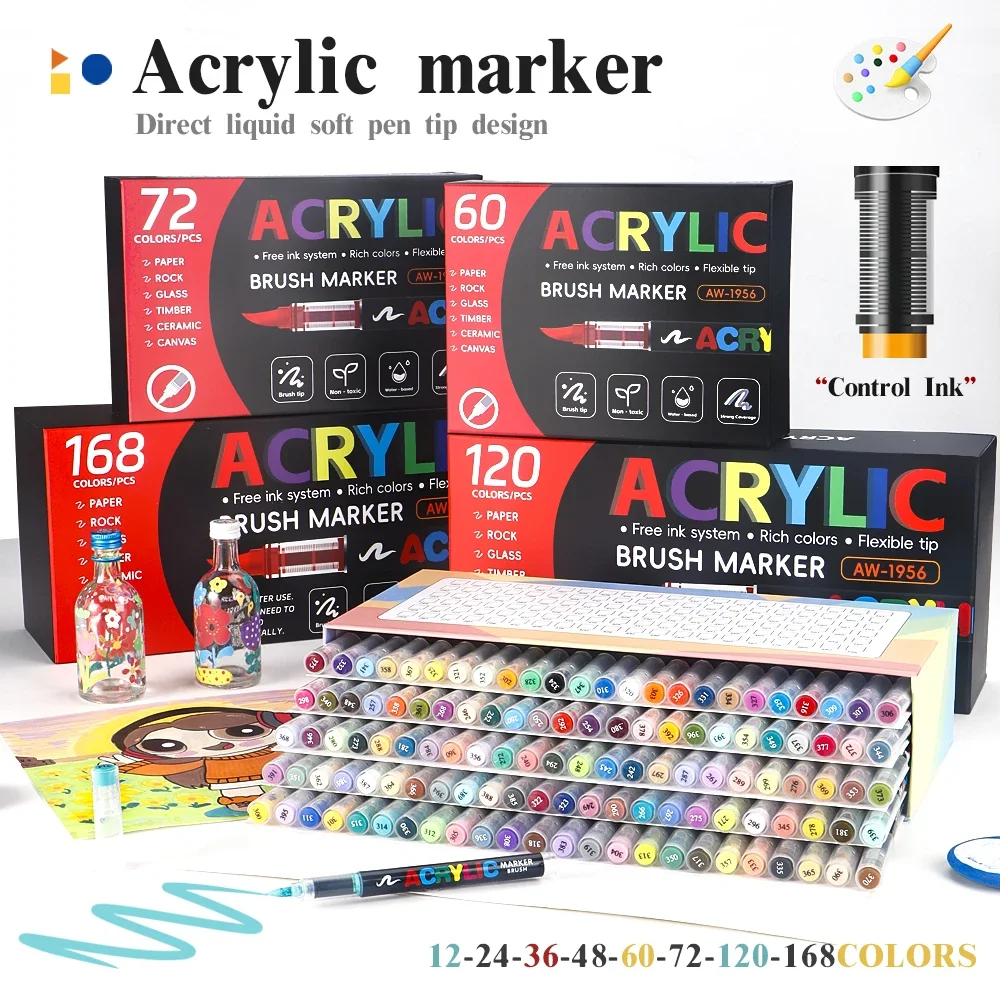 Rotulador de pintura acrílica de 12-168 colores, marcador de pintura con punta de pincel para pintura en roca, lienzo de madera, piedra, regalo de Navidad, manualidades DIY