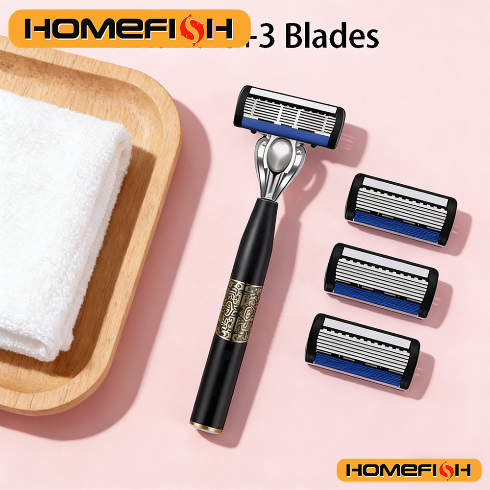 6-Layer Stainless Steel Manual Men's Razor - Washable Metal Beard Razor with Hand Guard & Metal Holder