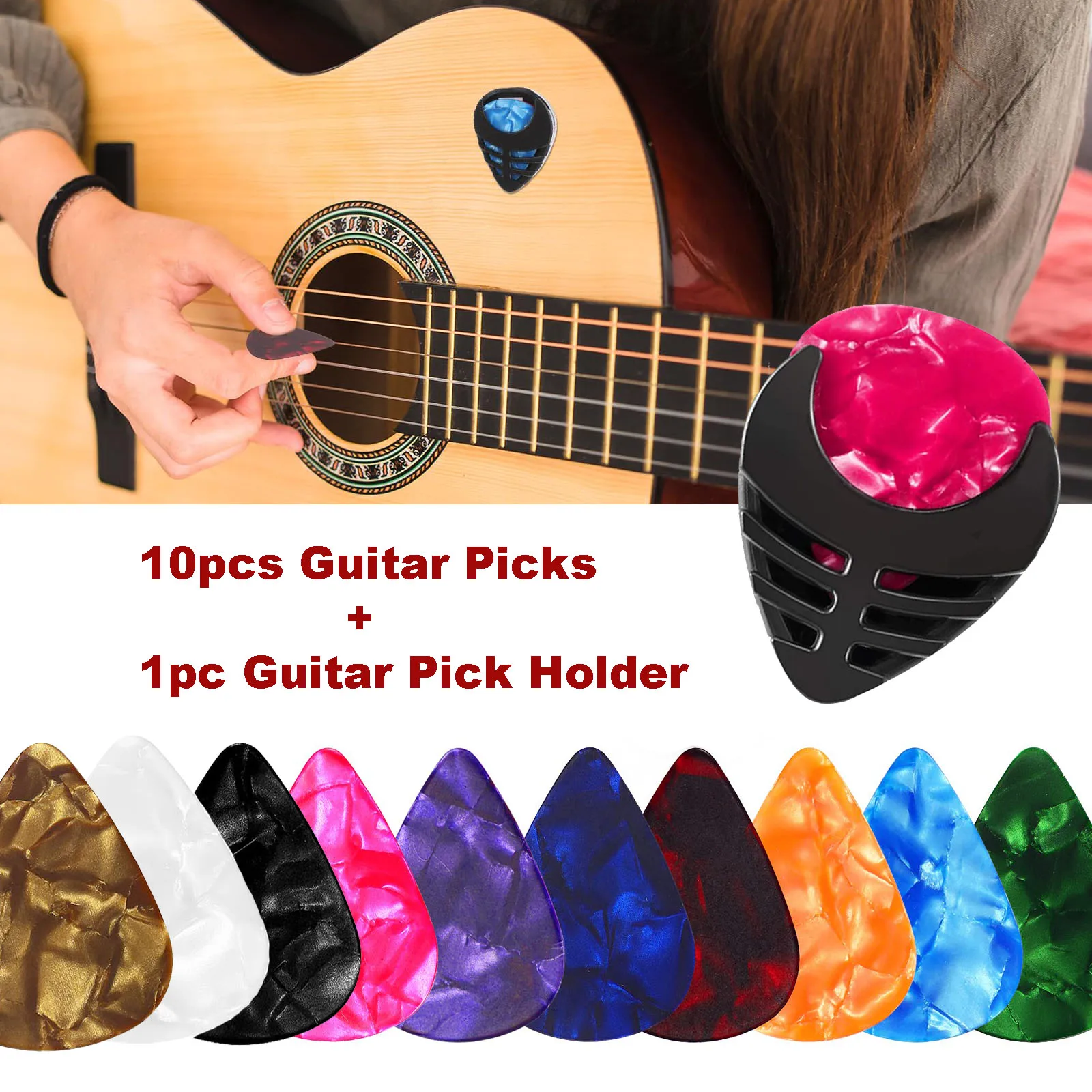 10pcs  Guitar Picks & 1pc Pick Holder 6 Thicknesses set For Acoustic Guitar Electric Guitar Bass Ukulele(Random Color)