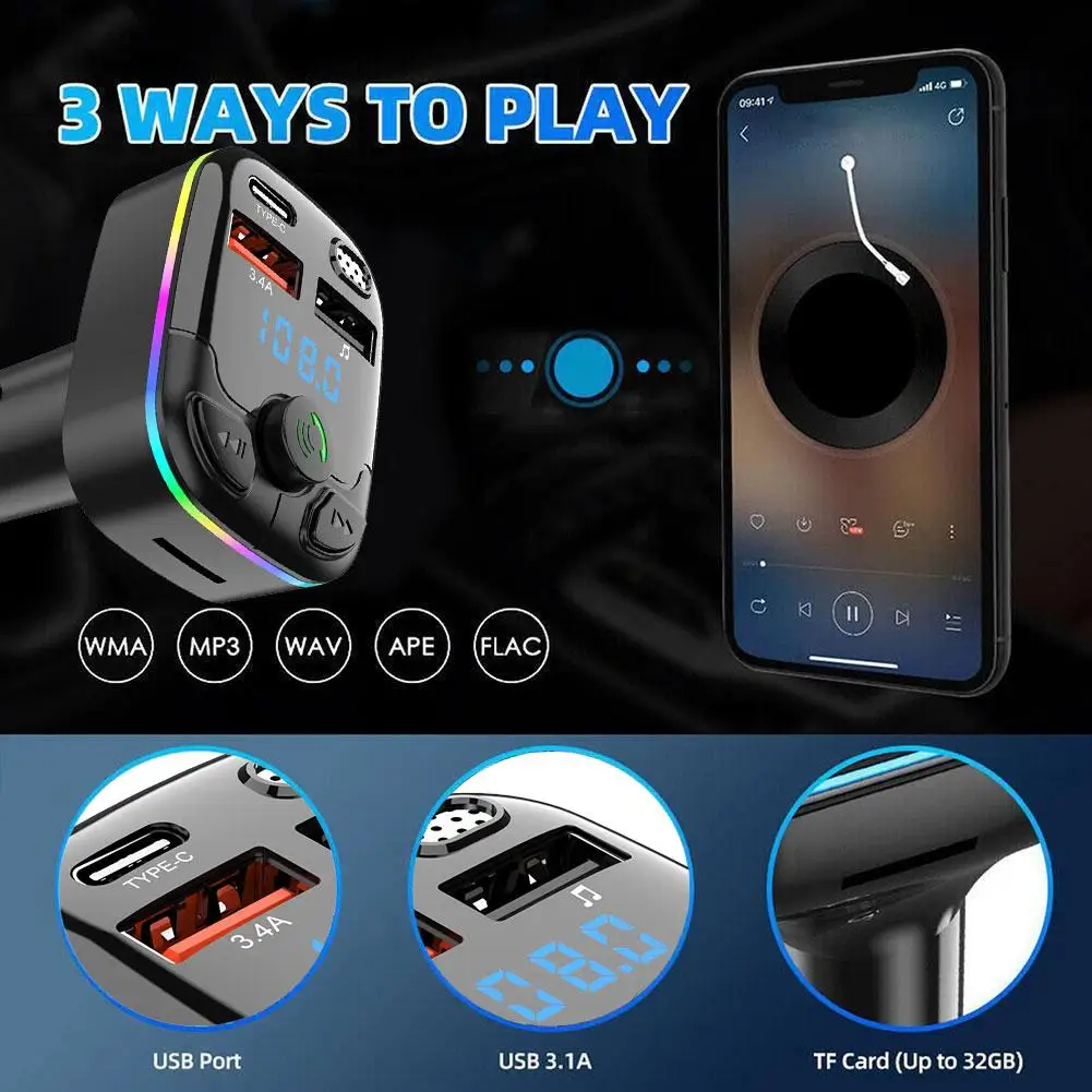 Auto Bluetooth 5.0 FM Sender PD Typ-C Dual USB 3.1A Bunte Umgebungslicht Freisprecheinrichtung MP3 Modulator Player