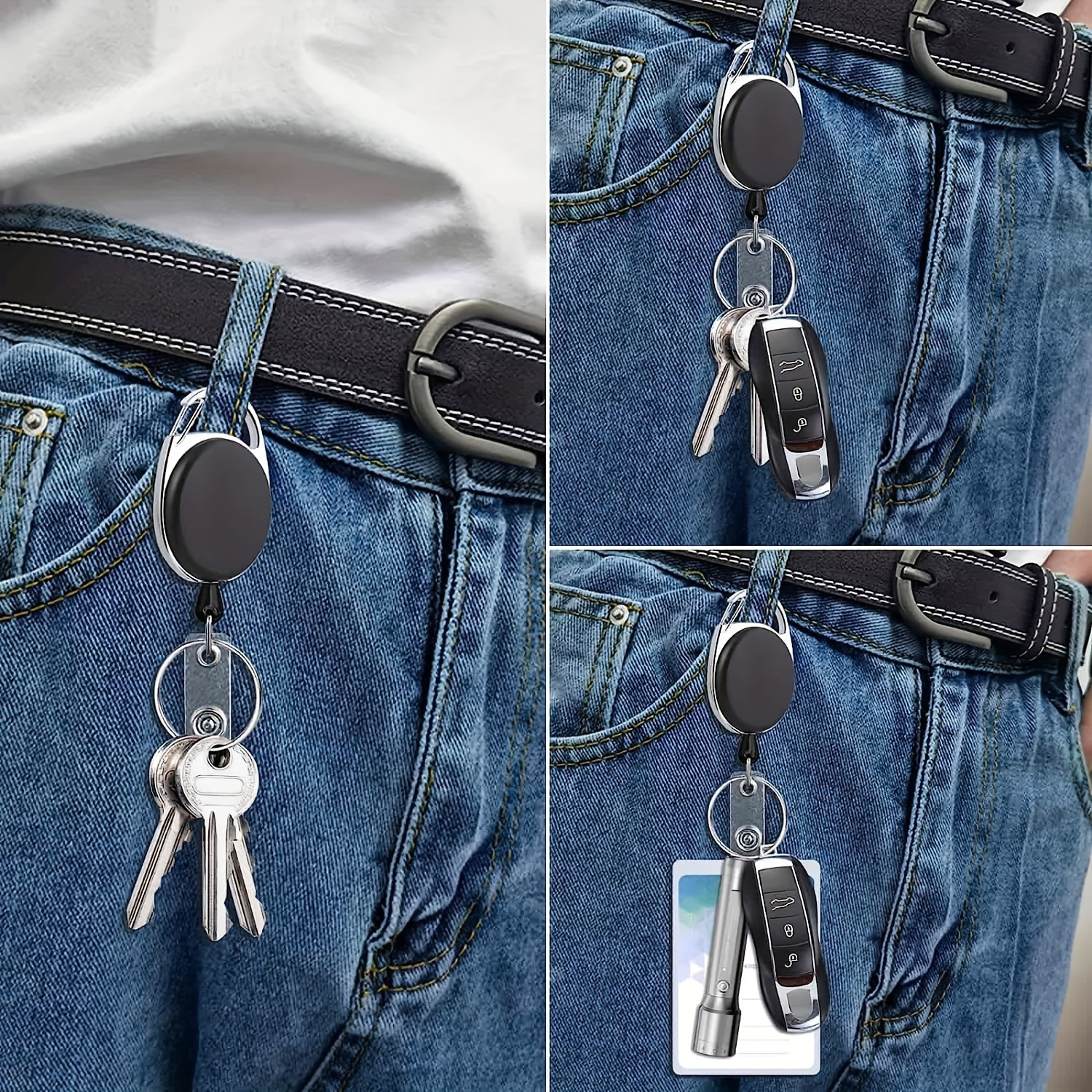Retractable ID Badge Holder with 360° Swivel Clip, Belt Carabiner, Keychain Ring & Snap Hook, PVC Reel Strap 3/5PCS Lanyard