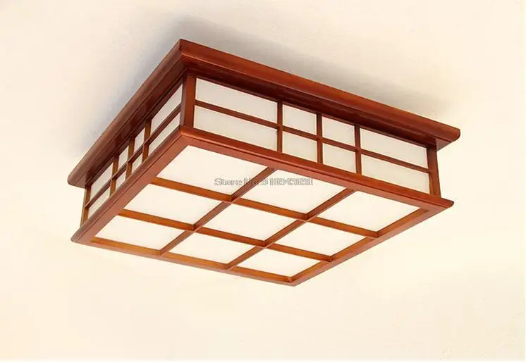 45X45Cm Lampu Langit-langit Kayu Kontemporer Lampu Persegi Lampu LED Gaya Jepang/Cina Asia untuk Kamar Hotel, Kafe, Restoran Bar