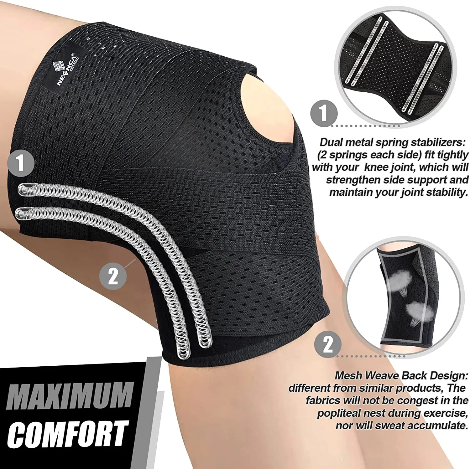 NEENCA Ginocchiera per compressione del dolore al ginocchio Supporto per ginocchio con stabilizzatori laterali in tessuto a rete d'aria Strappo del menisco ACL Artrite Relie