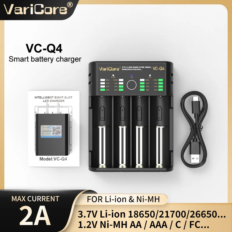 VariCore VCQ4 cargador de batería inteligente portátil de 4 ranuras para 3,7 V litio 18650 26650 21700 18500 18350 1,2 V NI-MH ni-cd AA AAA