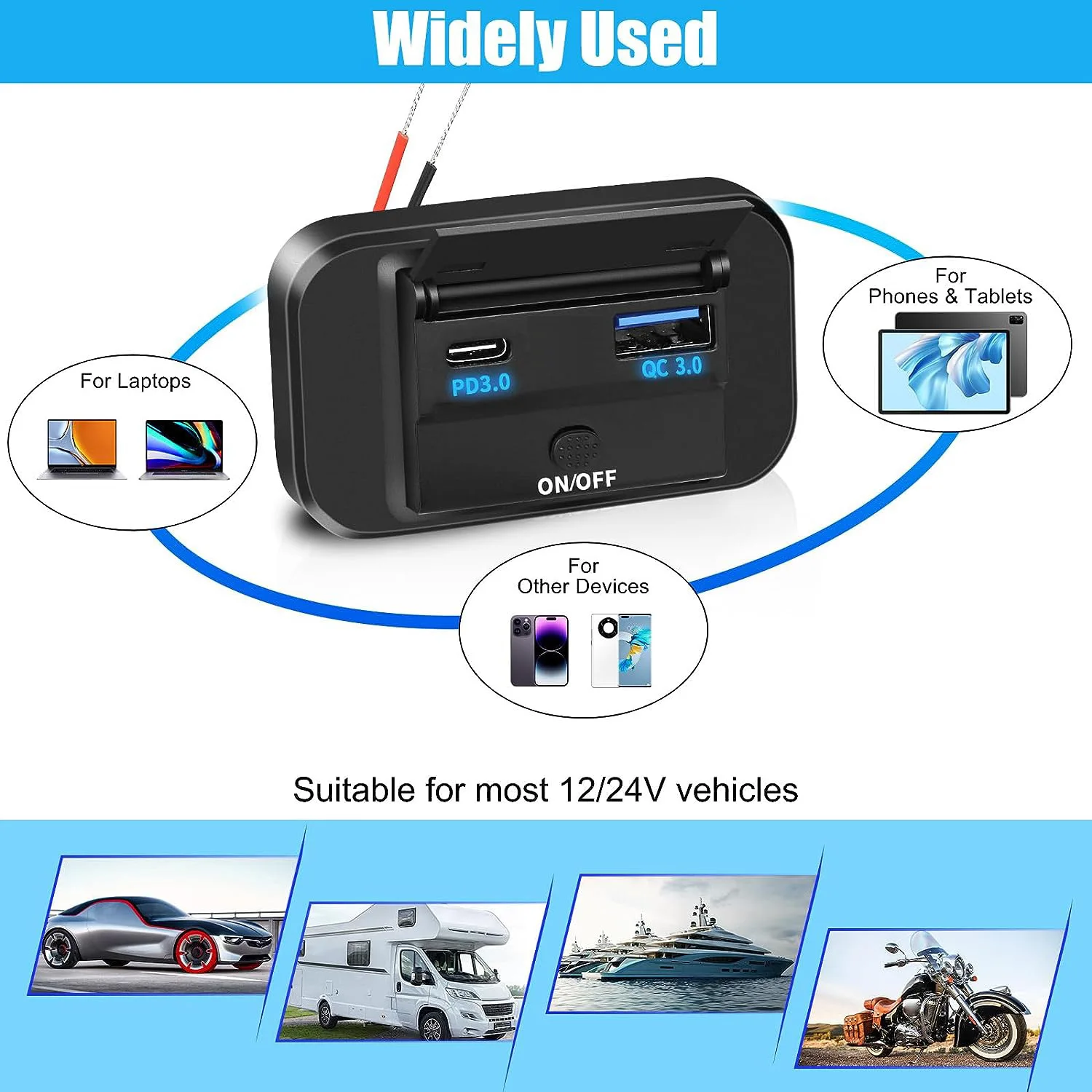 12V/24V 자동차 USB 충전 소켓 캠핑카 USB 패널 모바일 충전기 QC3.0 + PD3.0 RV 버스 투어링 카 보트 용 고속 충전