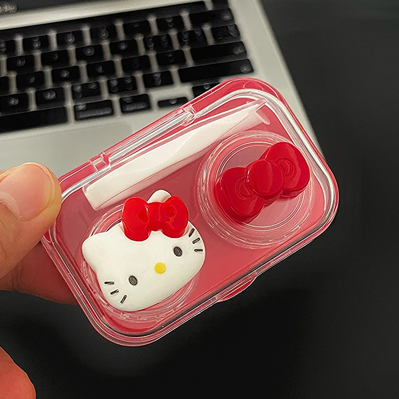 Kawaii hello kitty caixa de lentes de contato dos desenhos animados arco quadrado lente de contato caixa de armazenamento acessórios decorativos presente da menina