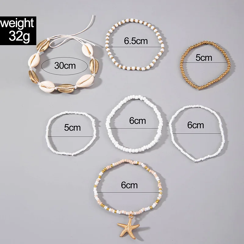 7 Uds. Conjunto de pulsera de estrella de mar de verano para mujer, cuentas de arroz de concha bohemia, brazalete de cadena elástica, accesorios de joyería de playa Bohemia