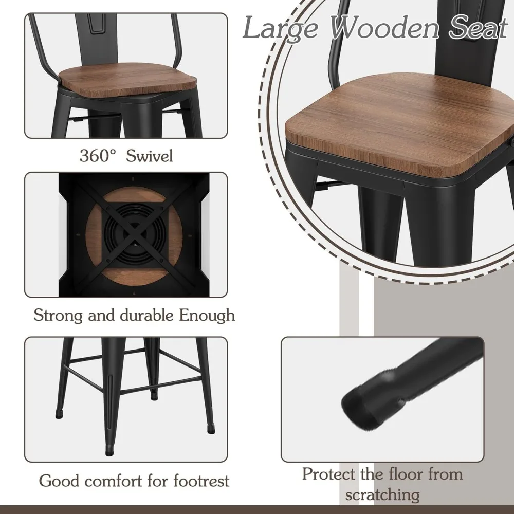 30" Swivel Metal Bar Stools Set of 4 High Back Counter Height Barstools Industrial Dining Bar Chairs with Large Wooden Seat-Mat