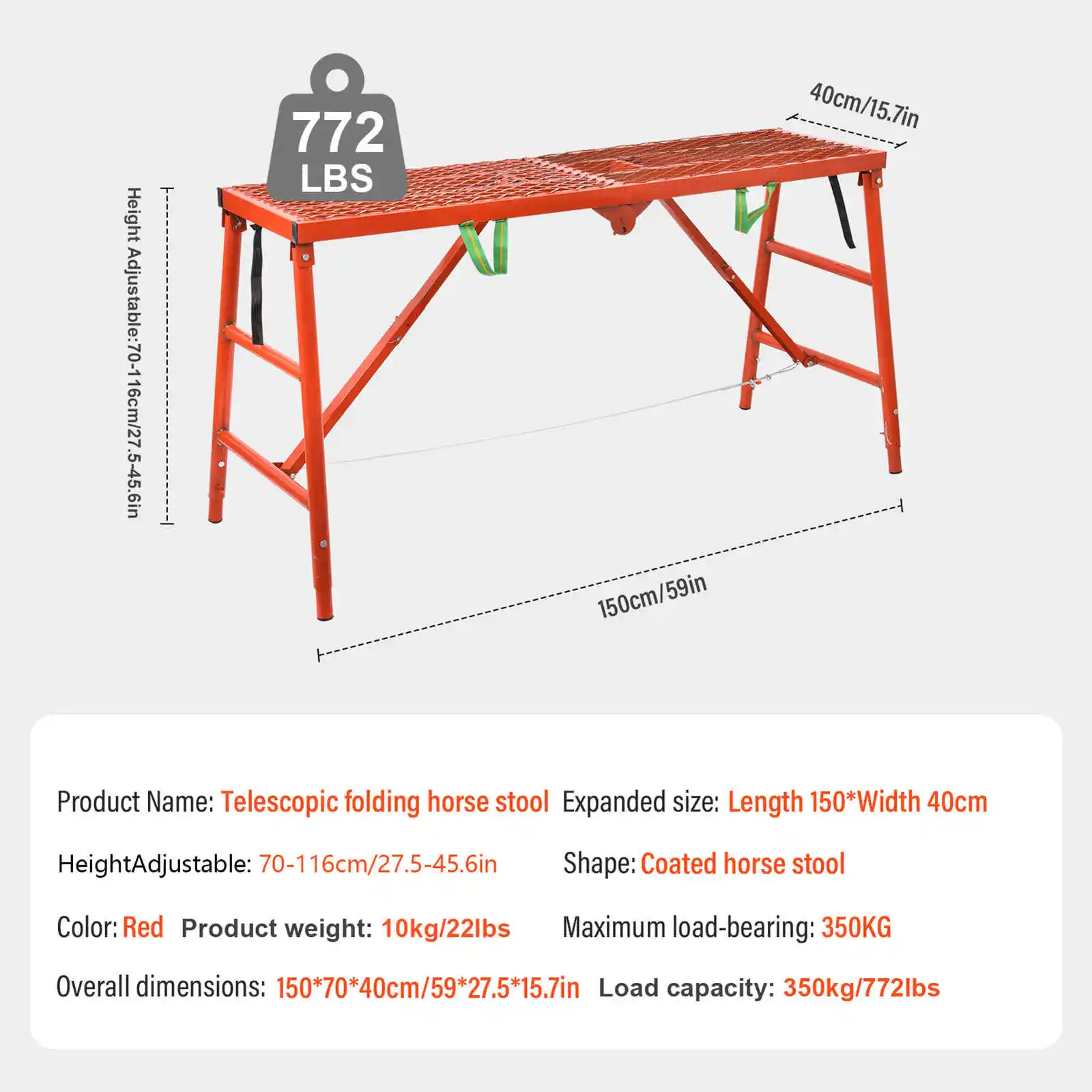 Portable Scaffolding, 770lb Capacity Workbench Step Ladder, Adjustable Height 27.6 to 45.7in Scaffolding Equipment (Red)