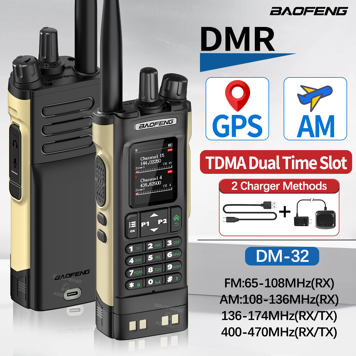 Baofeng DMR DM-32 Digital Walkie Talkie GPS Dual Mode Analog TDMA Dual Time Slot 4000CH Air Band APRS Two Way Ham Radio DM-1701
