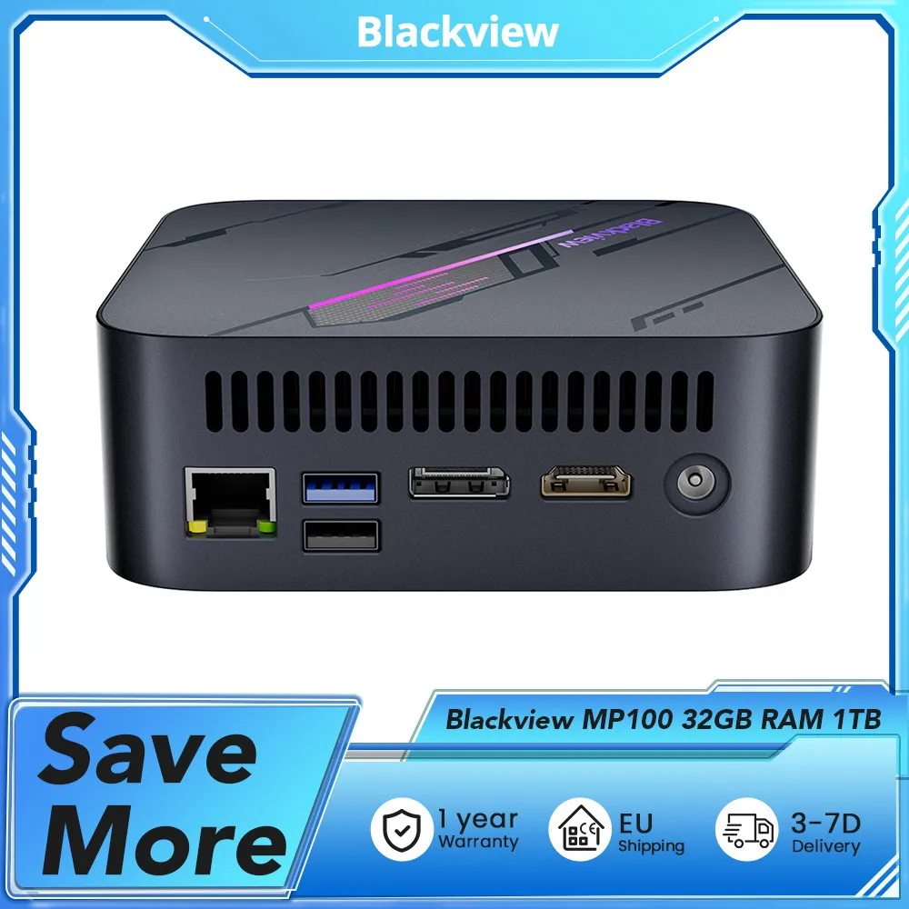 Blackview MP100 mini-pc, AMD Ryzen 7 5700U 8 cores Max. 4,3 GHz, 32 GB RAM 1 TB SSD, DP + HDMI + Type-C drievoudig 4K-scherm, WiFi 6 BT 5.2