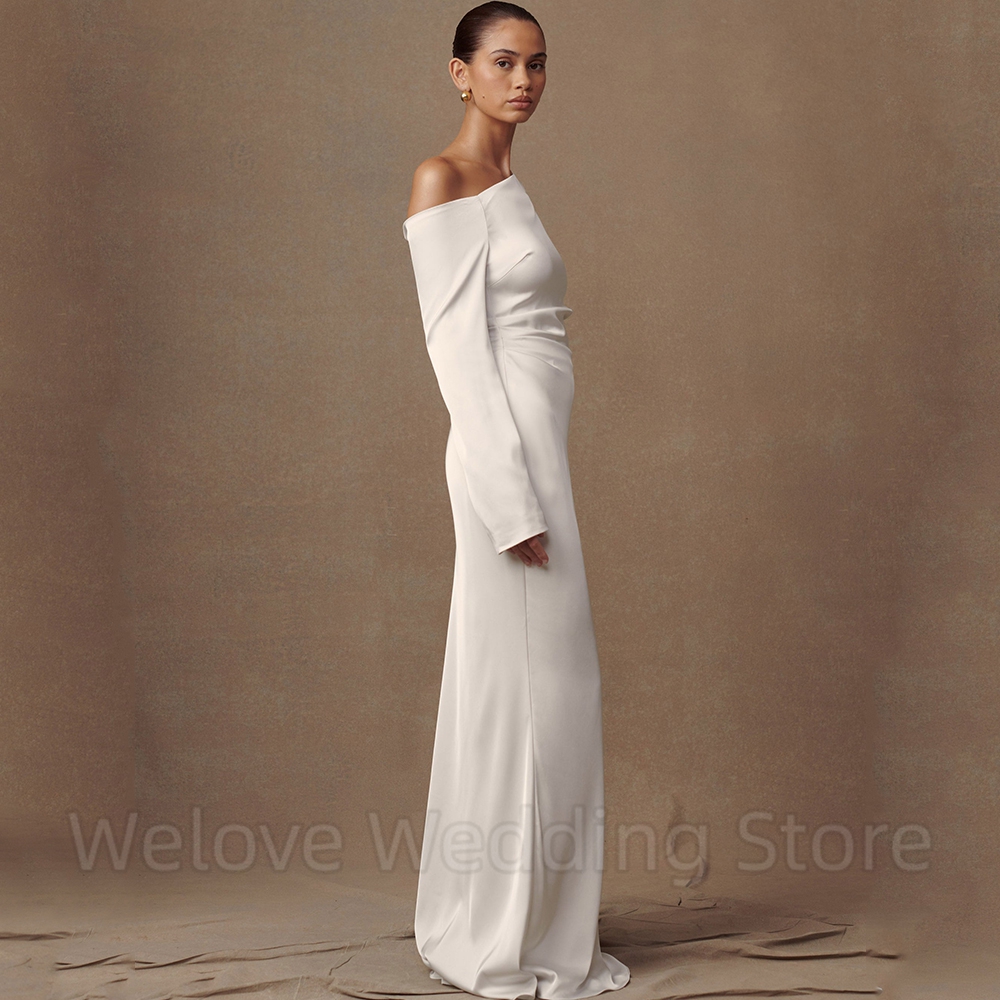 Welove Simple Boat Neck Mermaid Wedding Dress Bride Long Sleeves Off the Shoulder with Buttons Soft Satin Customized Gowns