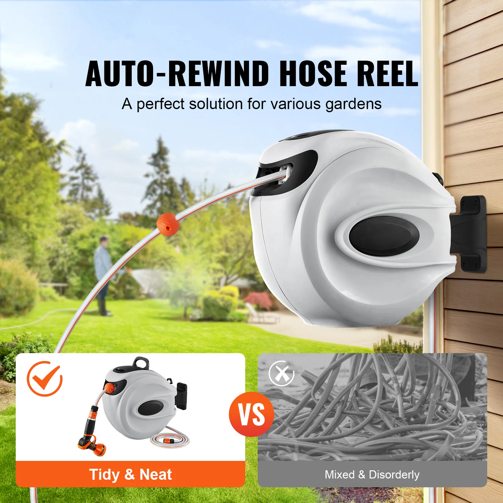 SucceBuy Retractable Hose Reel1/2 inch 180° Swivel Bracket Wall-Mounted Garden Water Hose Reel with 9-Pattern Nozzle and 3 Fast