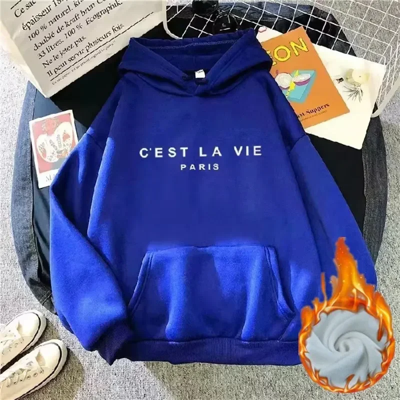 2024ฤดูใบไม้ร่วงฤดูหนาวผู้หญิงขนแกะHoodiesหนาหญิงแขนยาวHoodedเสื้อลําลองพิมพ์LadyหลวมPullover Tops