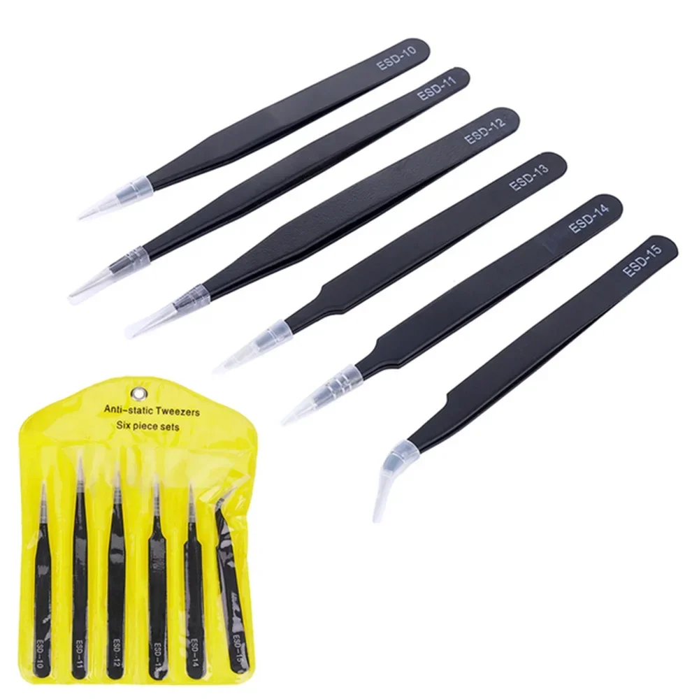 Conjunto de pinças de precisão esd, 6 peças, antiestáticas, aço inoxidável, ferramentas de reparo para reparo eletrônico, ferramentas artesanais de solda