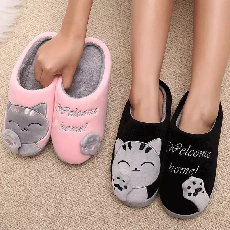 Chinelos peludos dos desenhos animados peludos para mulheres, apartamentos redondos do toe, sapatos quentes, interior, casa, quarto, assoalho, senhoras, inverno