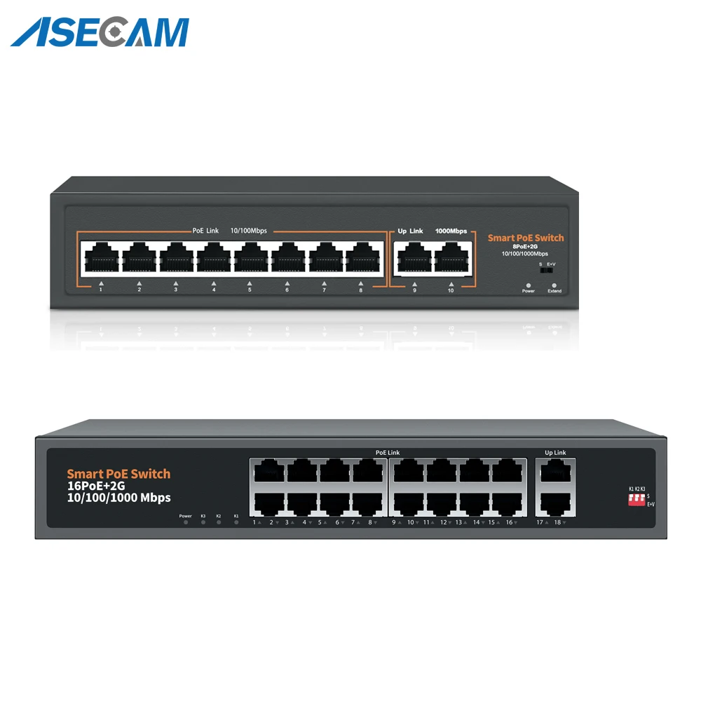 Commutateur POE réseau 8 ports 52 V avec 10/1000 Mbps IEEE 802.3 af/at sur Ethernet camera video surveillance IP système caméra de vidéosurveillance AP sans fil