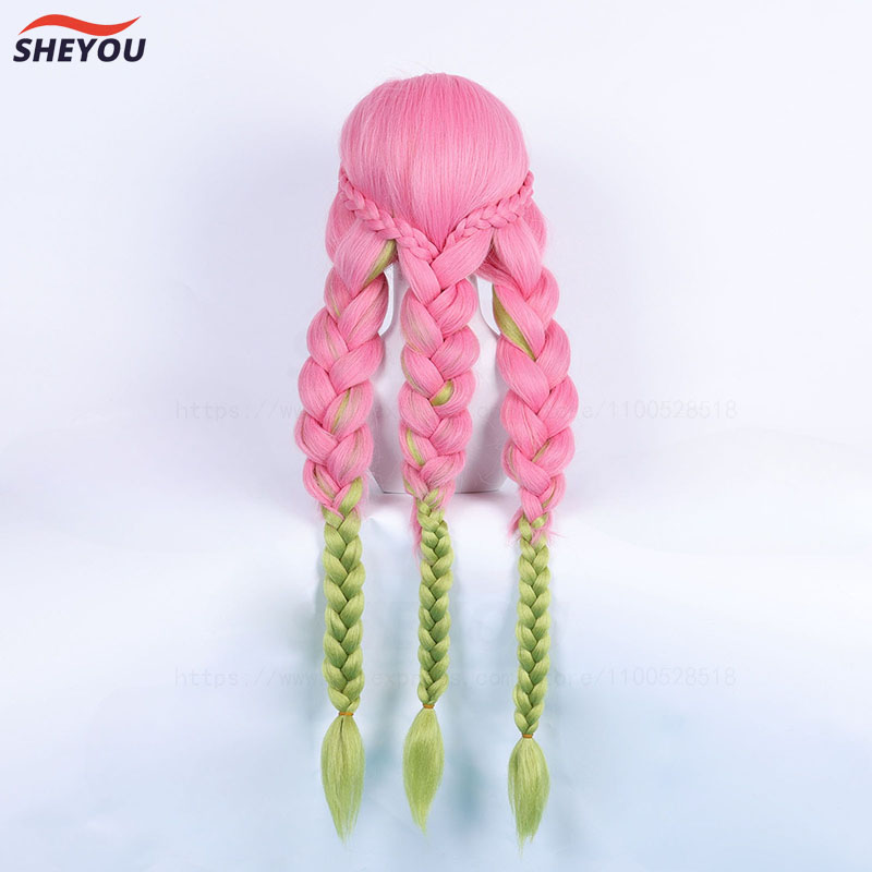 Peluca de Cosplay de Anime Mitsuri Kanroji, pelo largo trenzado rosa y verde, pelo resistente al calor, pelucas de Cosplay auténticas + gorro de peluca