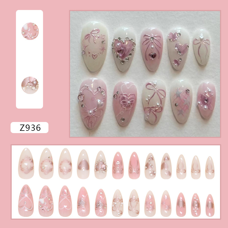 24 Uds. Parches para uñas postizas dulces, puntas de uñas postizas desmontables con lazos, diseño de perlas de corazón de amor, almendra rosa, prensa coreana en las uñas