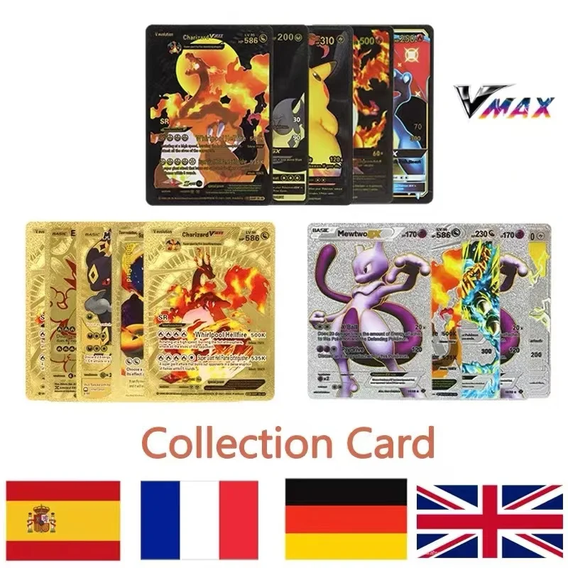110-27 Uds Pokemon tarjeta de lámina dorada Charizard VMAX GX VSTAR tarjetas inglés francés alemán español Pikachu Arceus tarjetas Pokemon plateadas