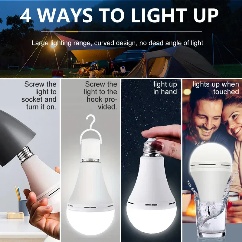 Ampoules LED rechargeables E27, 9/15W, haute luminosité, éclairage d'urgence, pour Camping en plein air, pêche, lampes portables