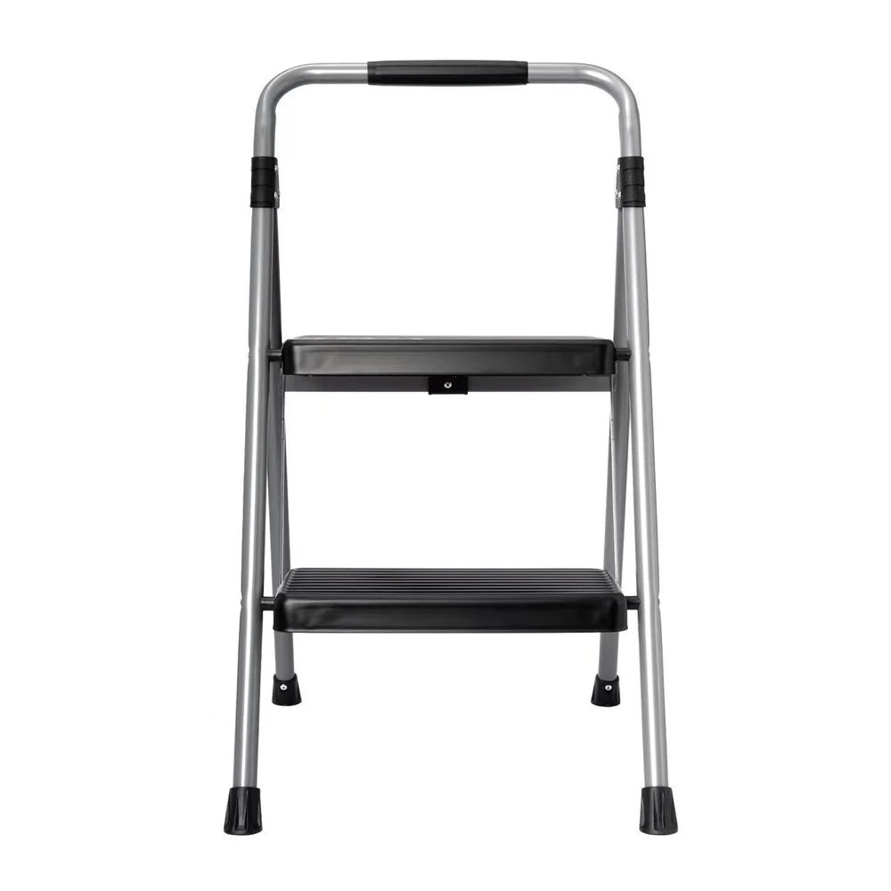 Large Foldable Step Stool 2-Step Steel Platform Holds 225 Pounds Slip Resistant Tread Easy Storage Soft Handle Carrying