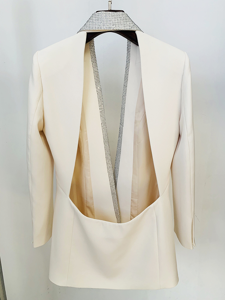 Blazer Long de styliste pour femmes, élégant, dos nu, diamants, perles, col châle, nouvelle collection 2024