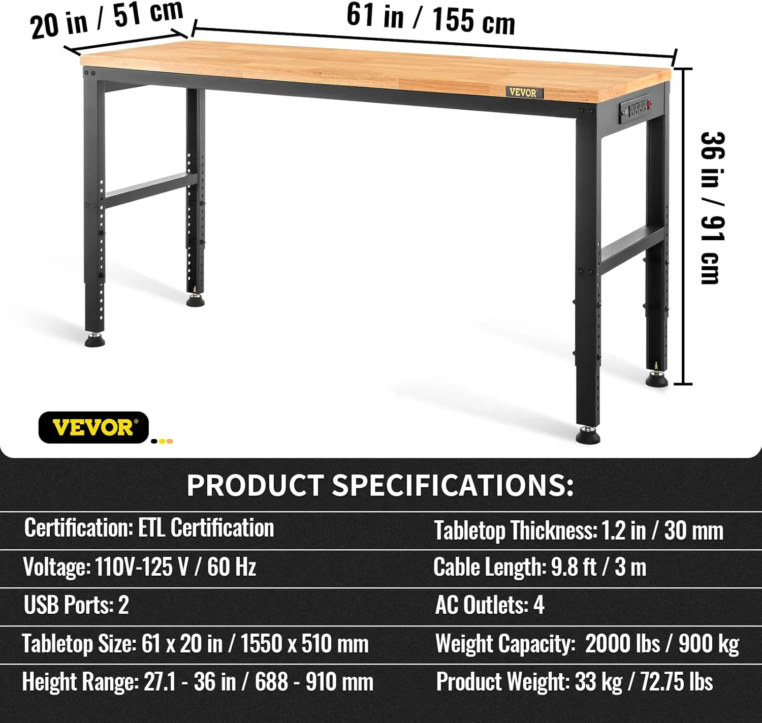 Workbench Adjustable Height, 61" x 20" Garage Table with 27.1" - 36" Heights & 2000 LBS Load Capacity, with Power Outlets