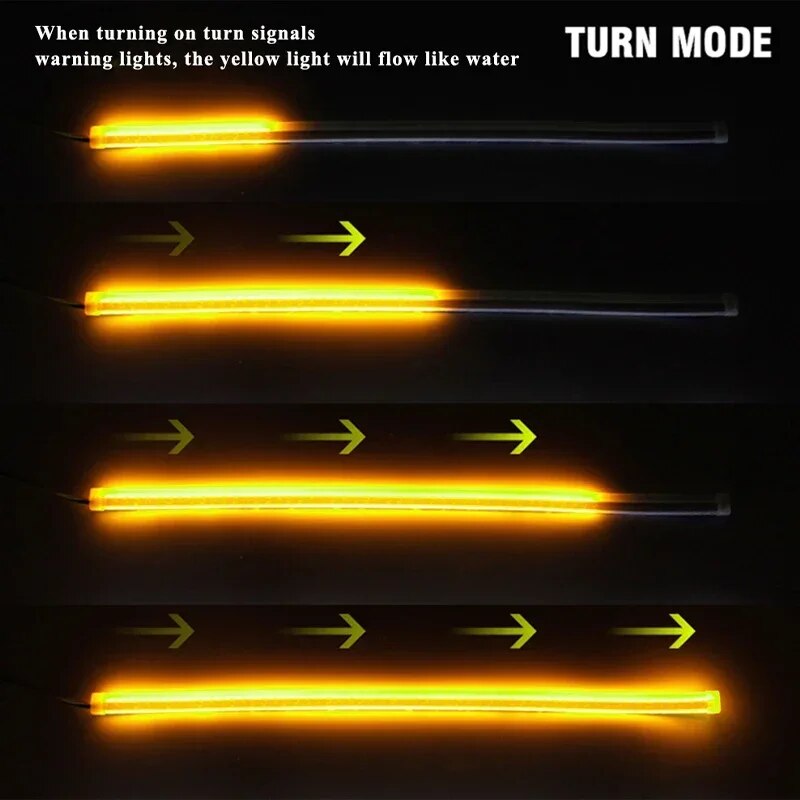 Carro Daytime Running Light, Faixa flexível, Ice Blue, Turn Signal, luzes amarelas de fluxo de freio, faróis DRL Auto, 12V, 30cm, 2pcs