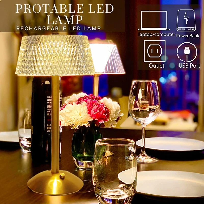 Lámparas de mesa de cristal, lámpara de escritorio de barra Led Retro de diamante, recargable por USB, protección ocular, luz nocturna para dormitorio, Hotel, oficina, boda