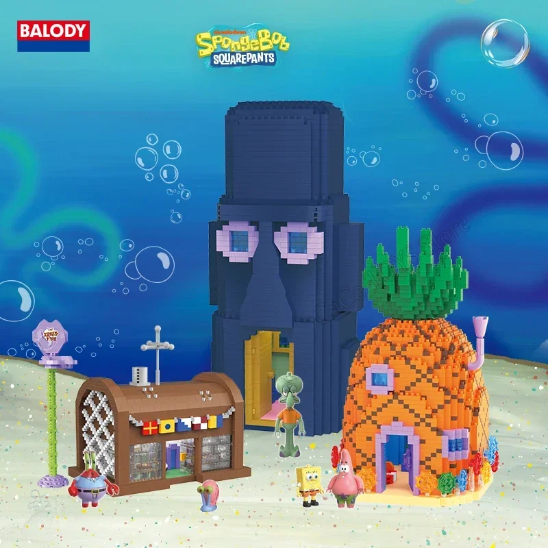 Spongebob Building Blocks Krusty Krab ร้านอาหารบ้านสับปะรด Squidward ห้องฉาก Patrick Star รูปของเล่นเด็กของขวัญ