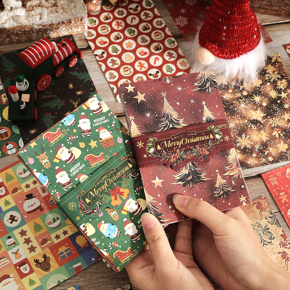 50 sheets Vintage Christmas Scrapbook Paper Non-sticky Large Size Creative Christmas Tree Background Decoration Material Paper