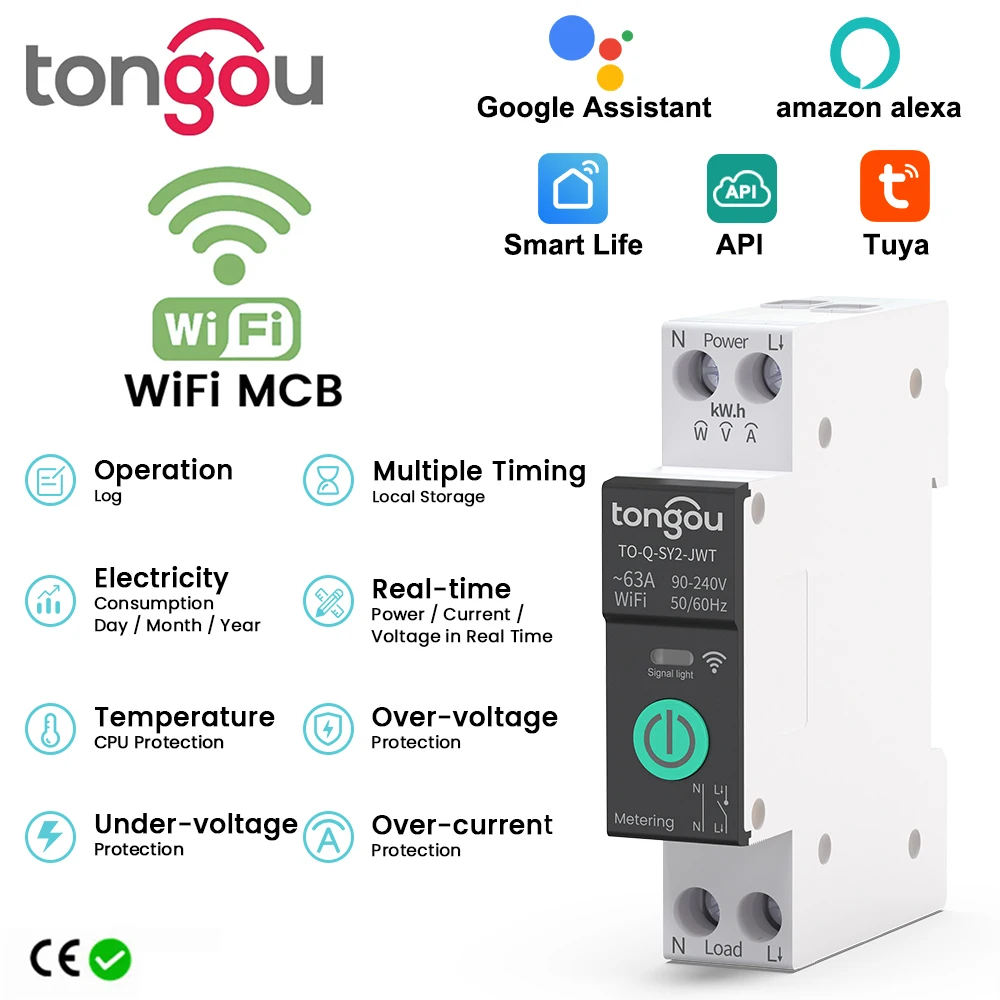 TUYA Smart WiFi MCB Leistungsschalter mit Leistungsmessung und drahtloser Steuerung (1-63 A) für Überstrom- und Unterspannungsschutz