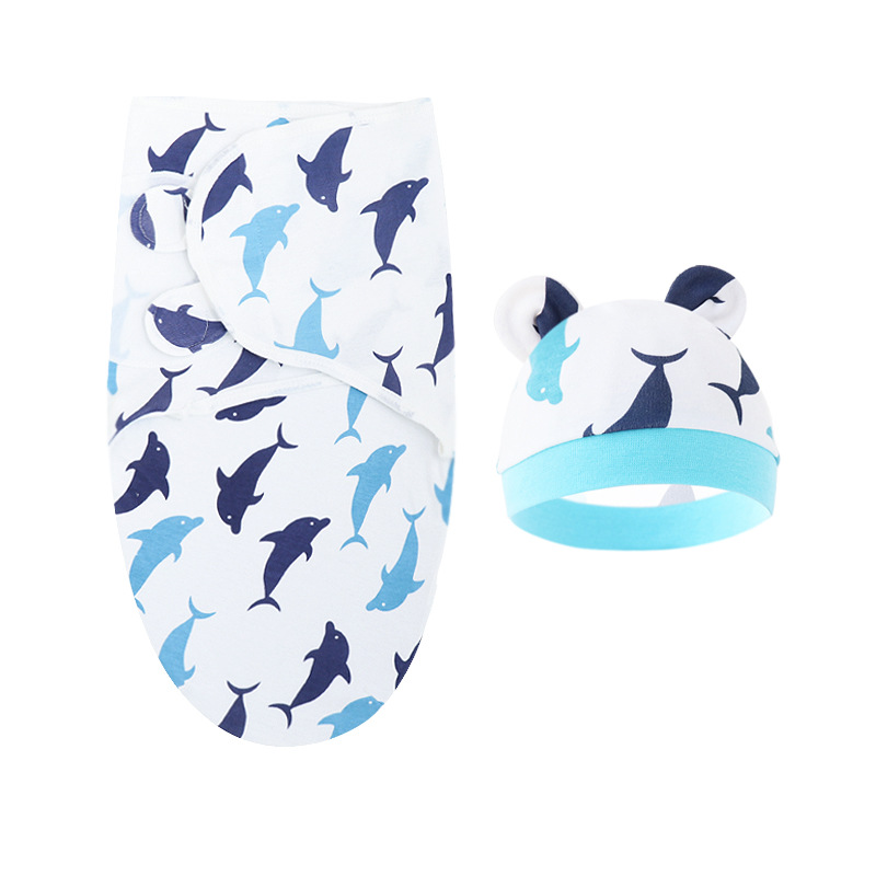 Katoenen Pasgeboren Swaddle Cartoon Bedrukt Baby Deken Muts Set Alle Seizoenen Verstelbare Baby Slaap Swaddle Wraps 0-6 Maanden