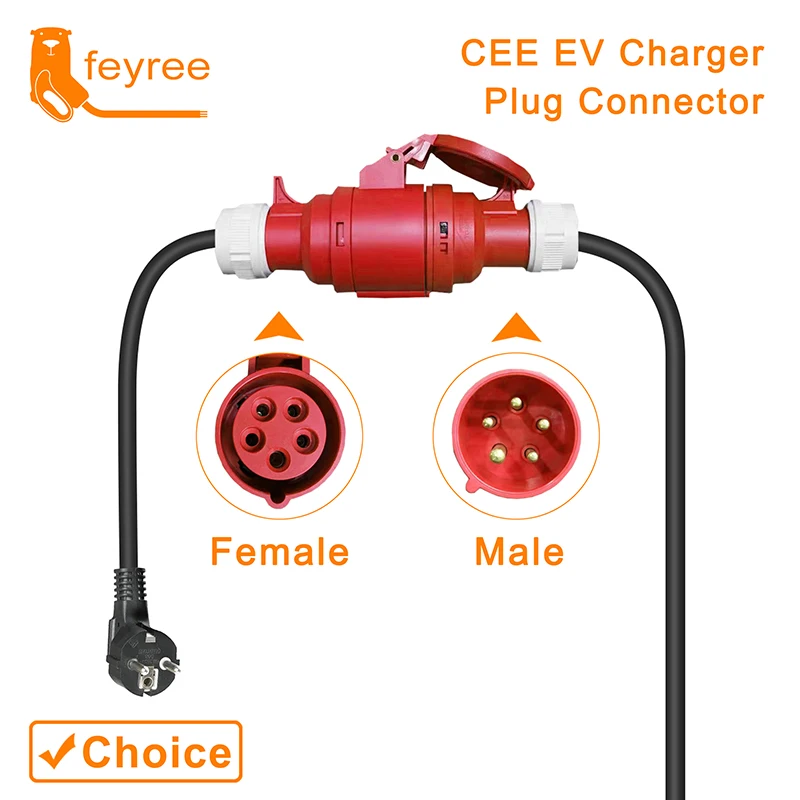 Feyree-cargador EV, enchufe Schuko a enchufe hembra de alimentación roja CEE, adaptador de enchufe de 5 pines, conectar con cargador portátil de 16A, trifásico, 11KW
