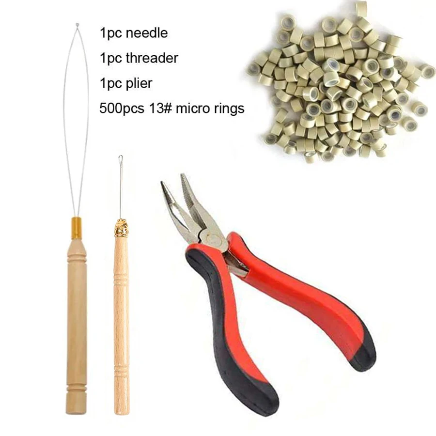 Kit de ferramentas para extensões de cabelo, contas com micro puxador de agulha e 500 peças de micro anéis forrados de silicone para extensões de cabelo