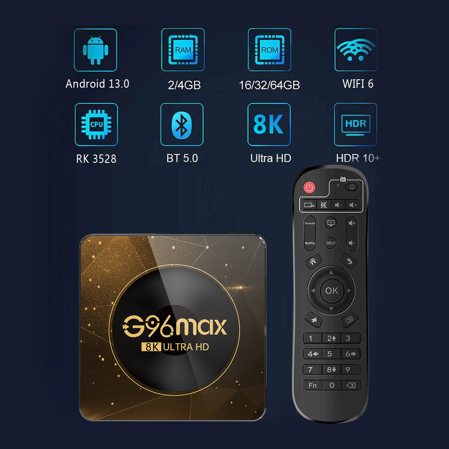 Android 13 4K Dispositivo de TV inteligente Amlogic RK3528 Wifi6 4GB 64GB Bluetooth Chromecast Wifi6 AV1 reproductor multimedia de vídeo Set Top Box Max A13