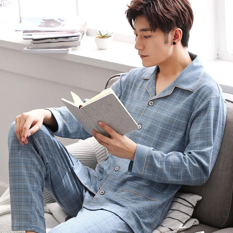 Baumwolle Männer Pyjama Set Herbst Winter Langarm Cardigan plus Größe Männer Modelle von zu Hause Kleidung Plaid Nachtwäsche 2 teile/satz