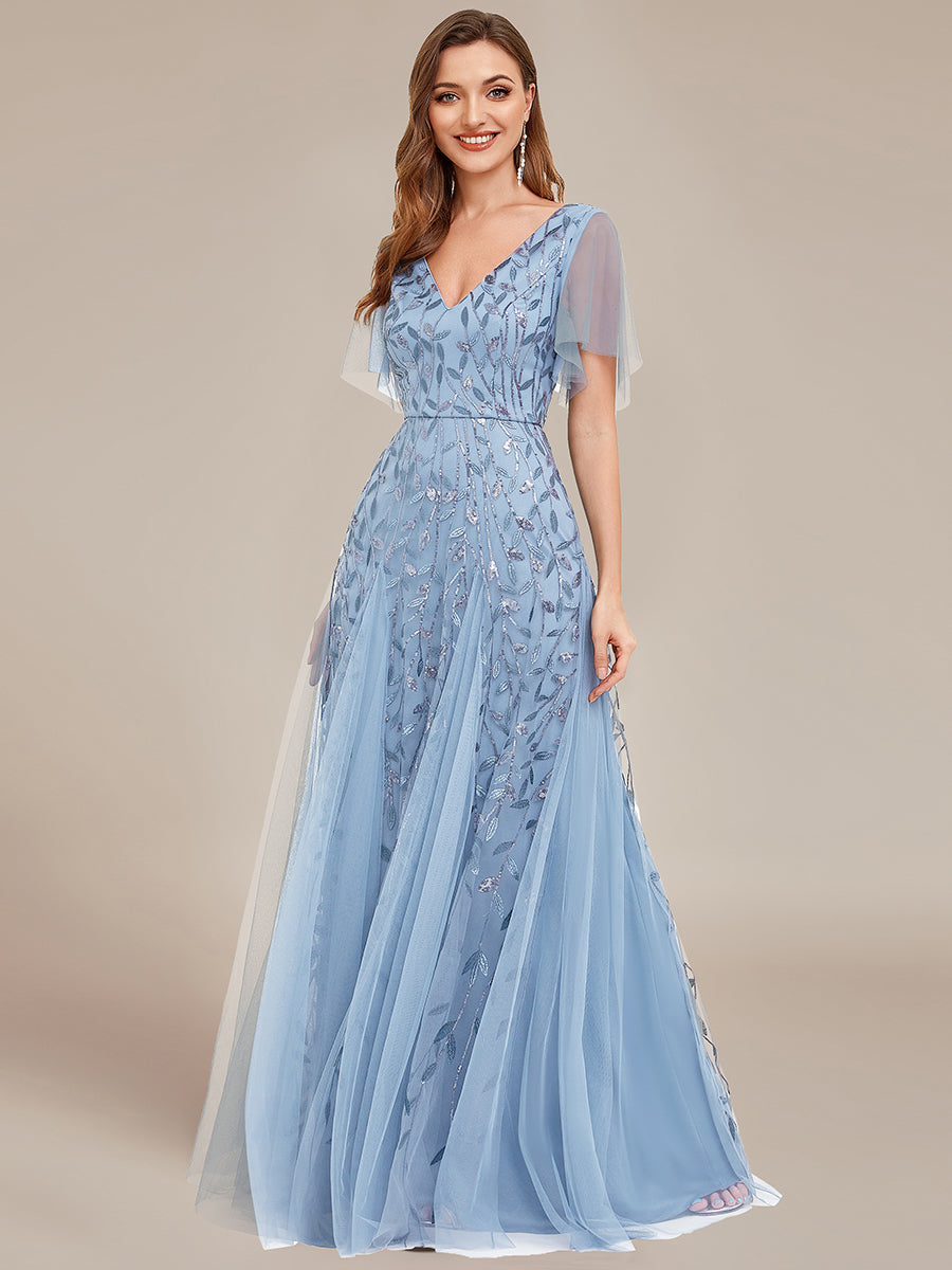 Ever azole-robe de soirée élégante, col en V profond, manches courtes à volants, bleu ciel, gaze, paillettes, robe de demoiselle d'honneur, 2025