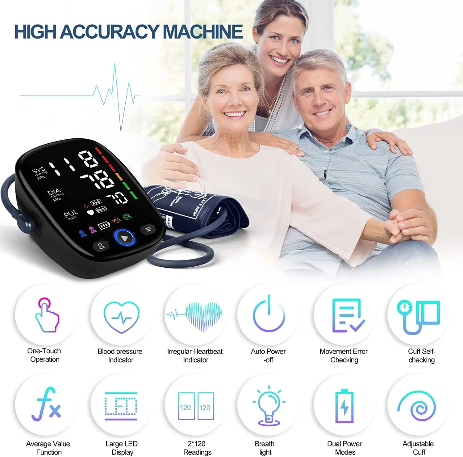 Kingclinic monitor de pressão arterial, braço superior, máquina automática de manguito BP com display LED para uso doméstico, cuidados de saúde