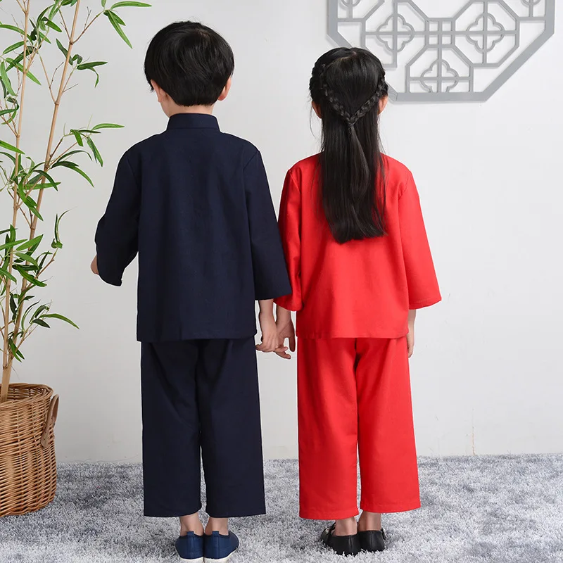 소년 코튼 라인 당나라 옷 긴 소매 Hanfu 세트 어린이 중국 스타일 셔츠 & 바지 2Pcs 복장 자수 드래곤 Kongfu 의상