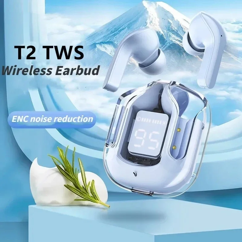 Nuevos auriculares intrauditivos Bluetooth inalámbricos T2, modelo transparente, compartimento de carga Digital, auriculares deportivos con cancelación de ruido