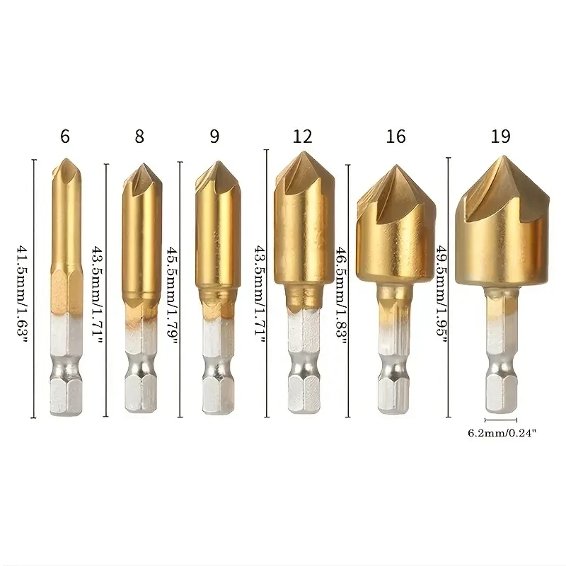 Juego de brocas para avellanado TS, 6 uds., vástago hexagonal de 1/4 ", 90 grados, 5 flautas, HSS, herramienta de corte central de biselado para madera, Chan rápido