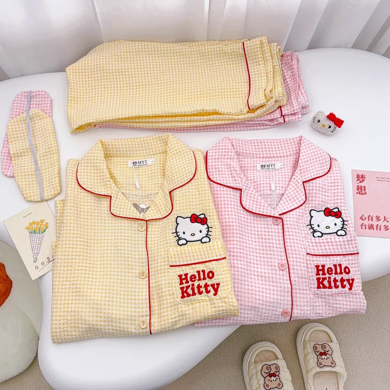 Pijamas de mujer de Hello Kitty de dibujos animados, nueva ropa de descanso con solapa, conjunto de dos piezas de algodón de manga larga, pijamas de seda, pijamas Sanrio para mujer
