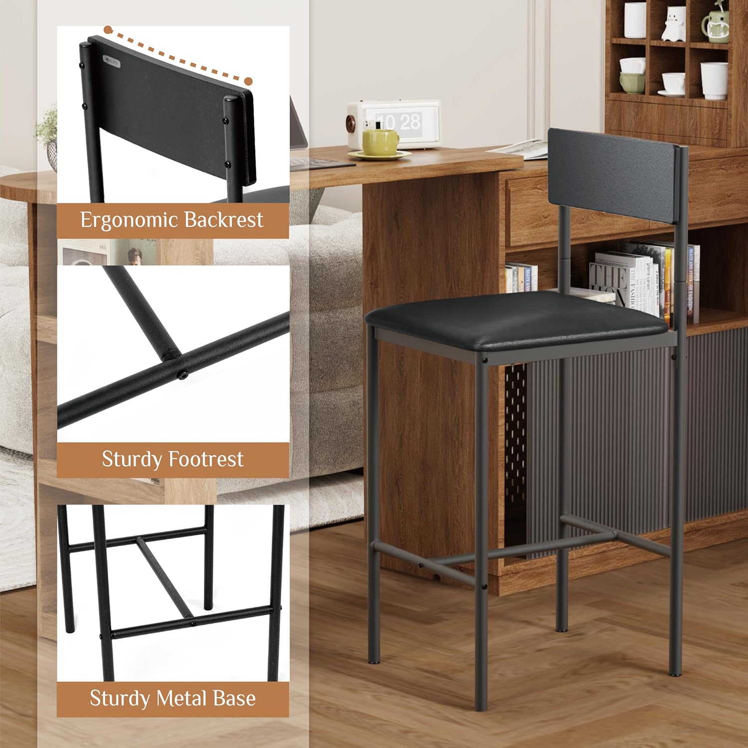 Redlife 25,5-Zoll-Barhocker, 2er-Set, Theken-Barstühle mit Rückenlehne, Metallbeinen, gepolstertes Design für Küche, Esszimmer, Restaurant